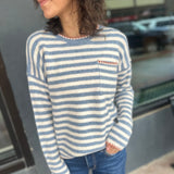 Denim Blue Stripe Sweater w/Chest Pocket Detail