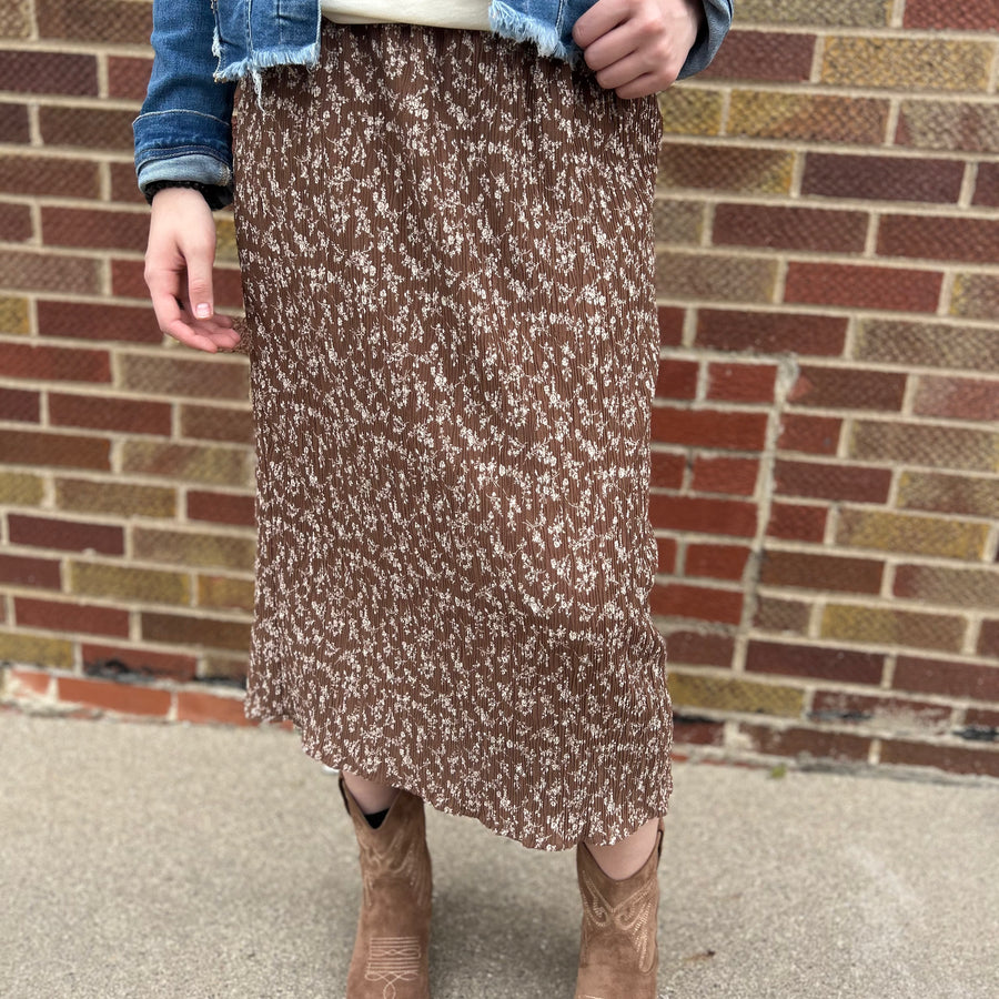 Mocha and Cream Floral Midi Skirt