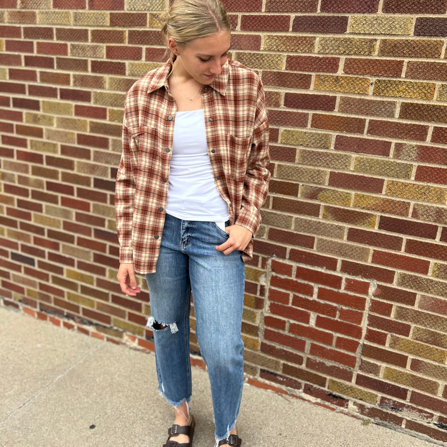 Brushed Mini Plaid Shirt w/ Front Pockets