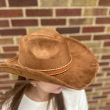 Brown Faux Suede Western Hat w/Braided Strap