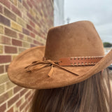 Brown Faux Suede Western Hat w/Braided Strap
