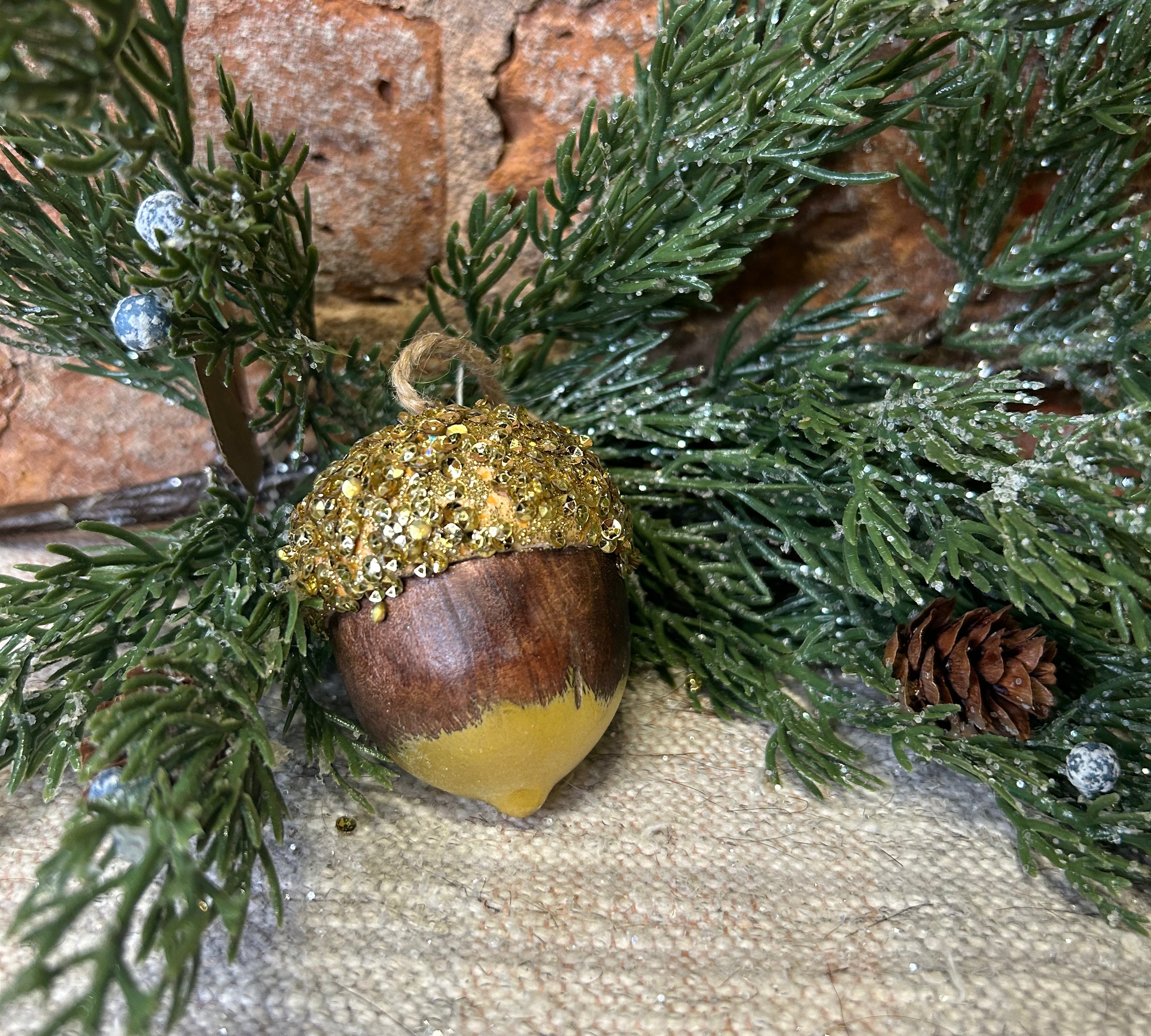 Glitter Top Wood Acorn Orn