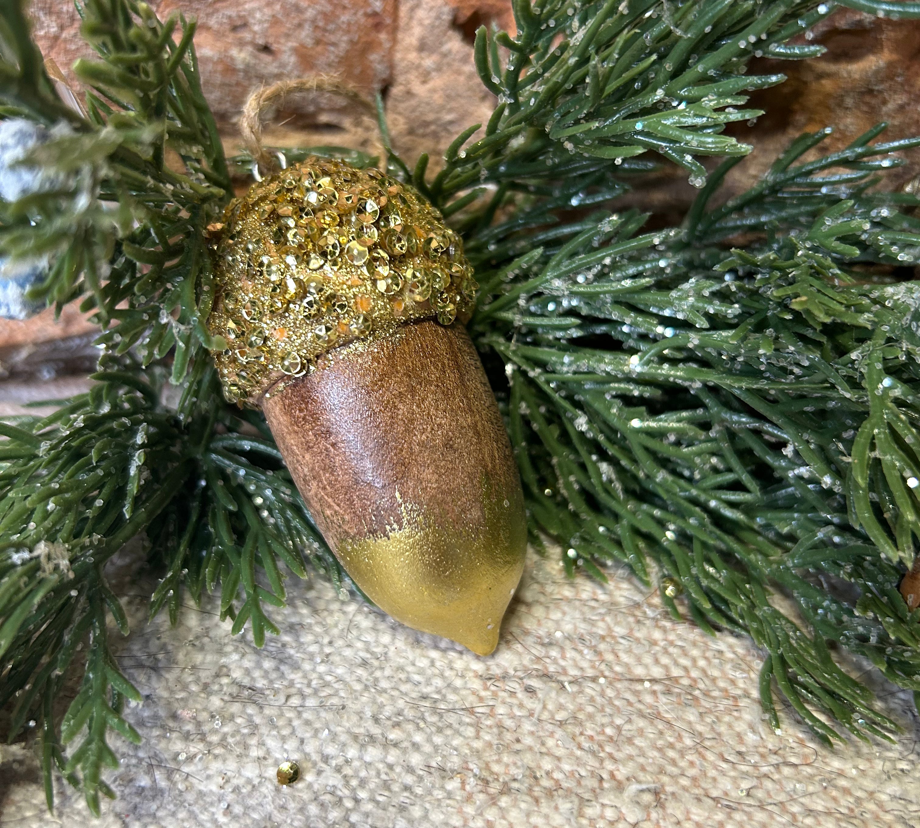 Glitter Top Wood Acorn Orn