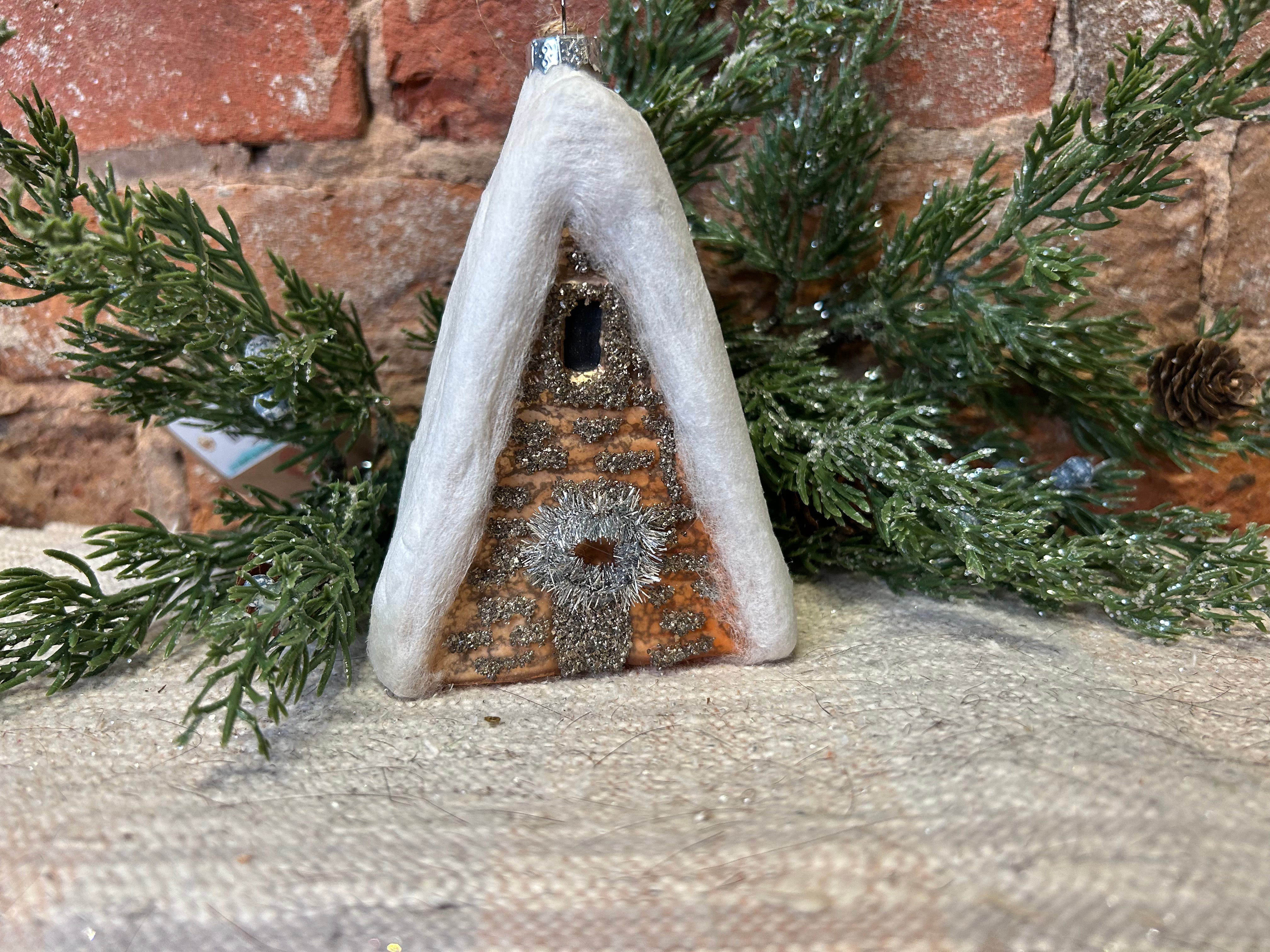 Snowy Glass Cabin Orn 6.5”