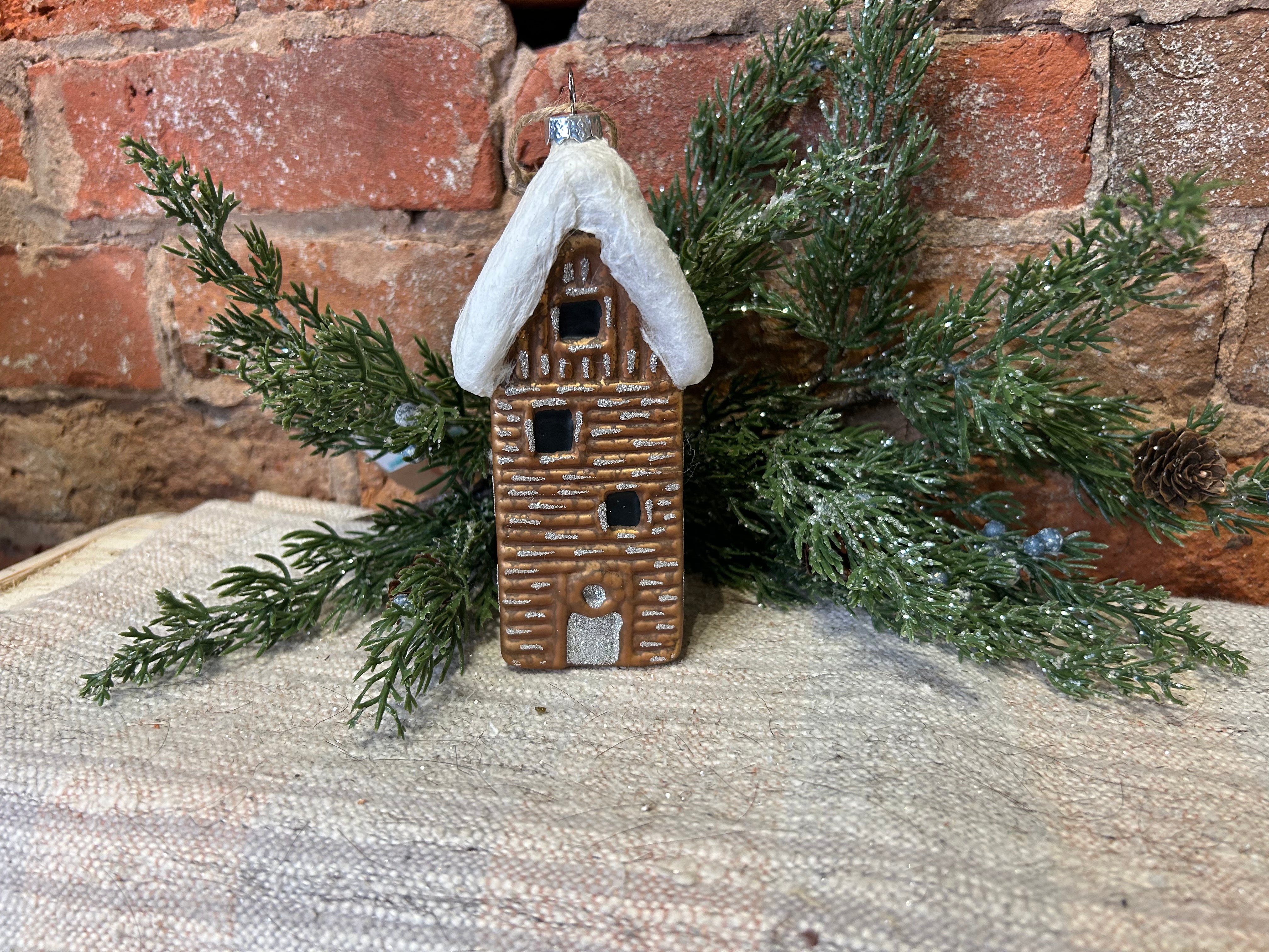 Snowy Glass Cabin Orn 6.5”