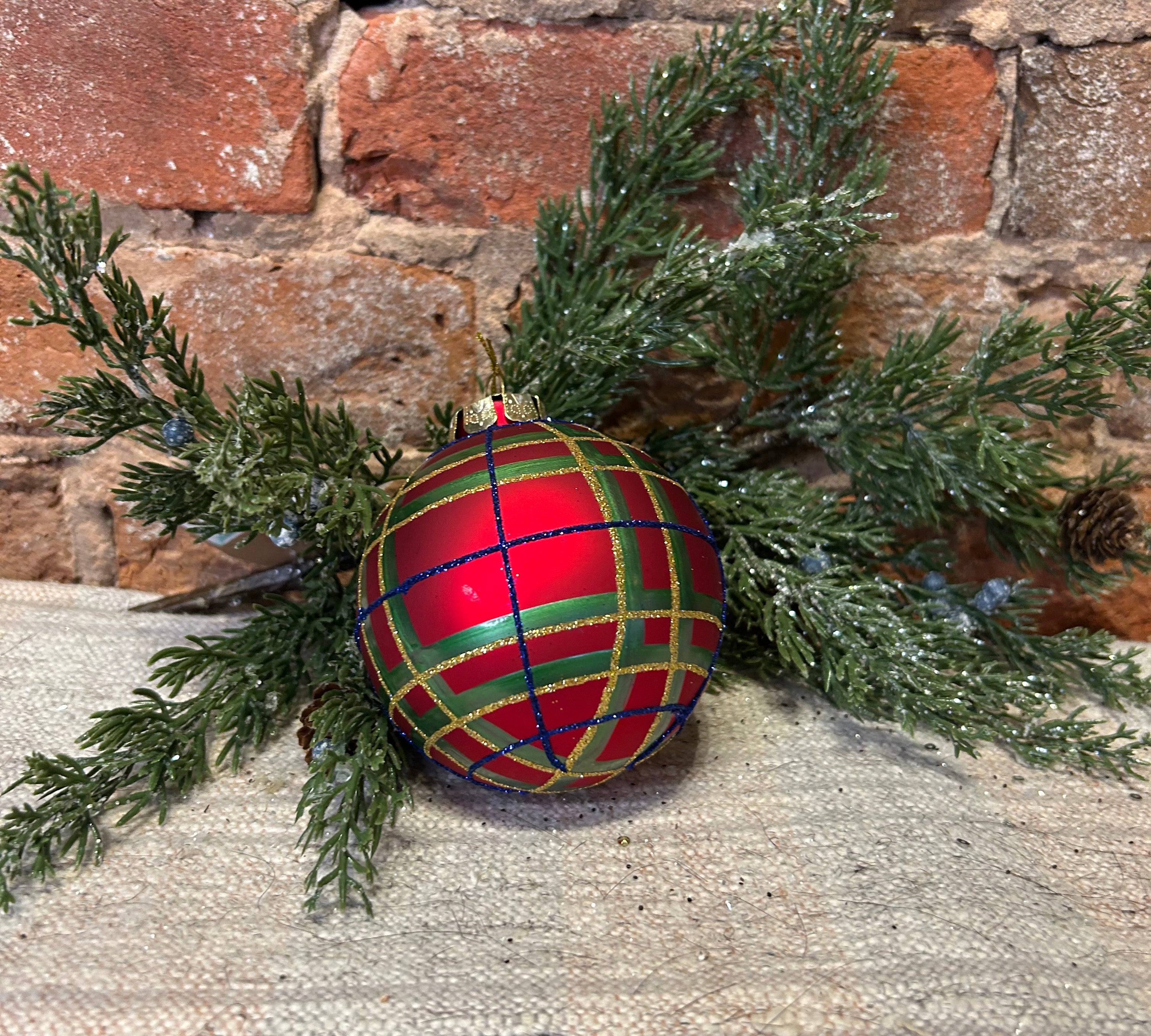 Glitter Lined Plaid Ball Orn 5”