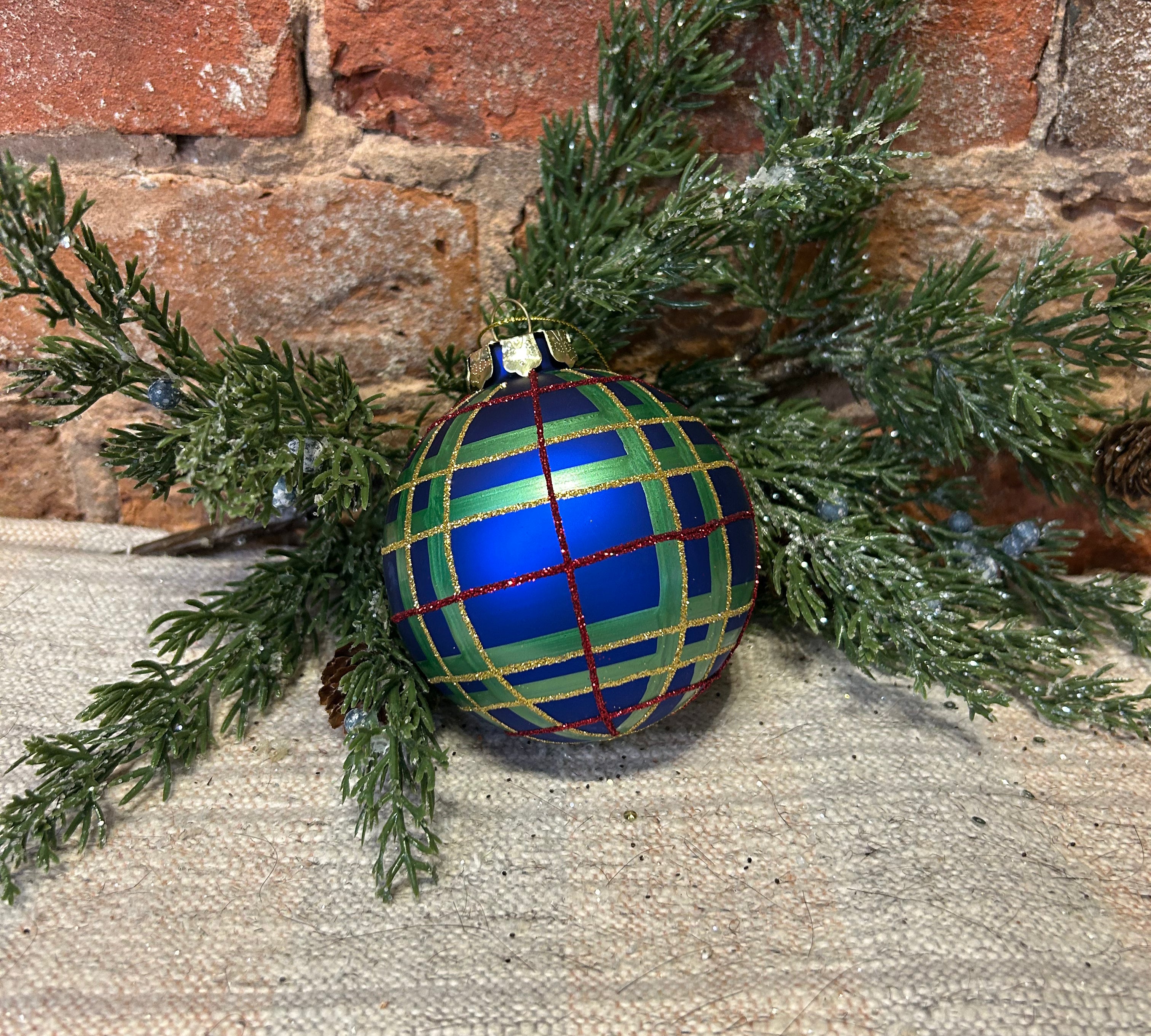 Glitter Lined Plaid Ball Orn 5”