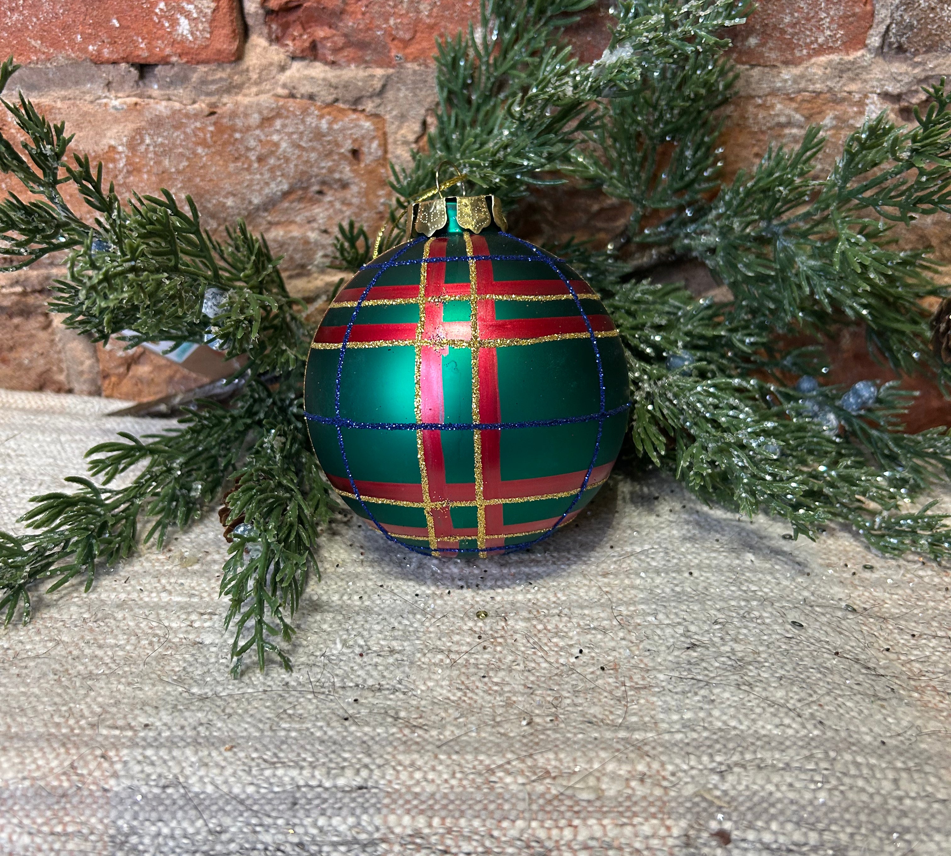 Glitter Lined Plaid Ball Orn 5”