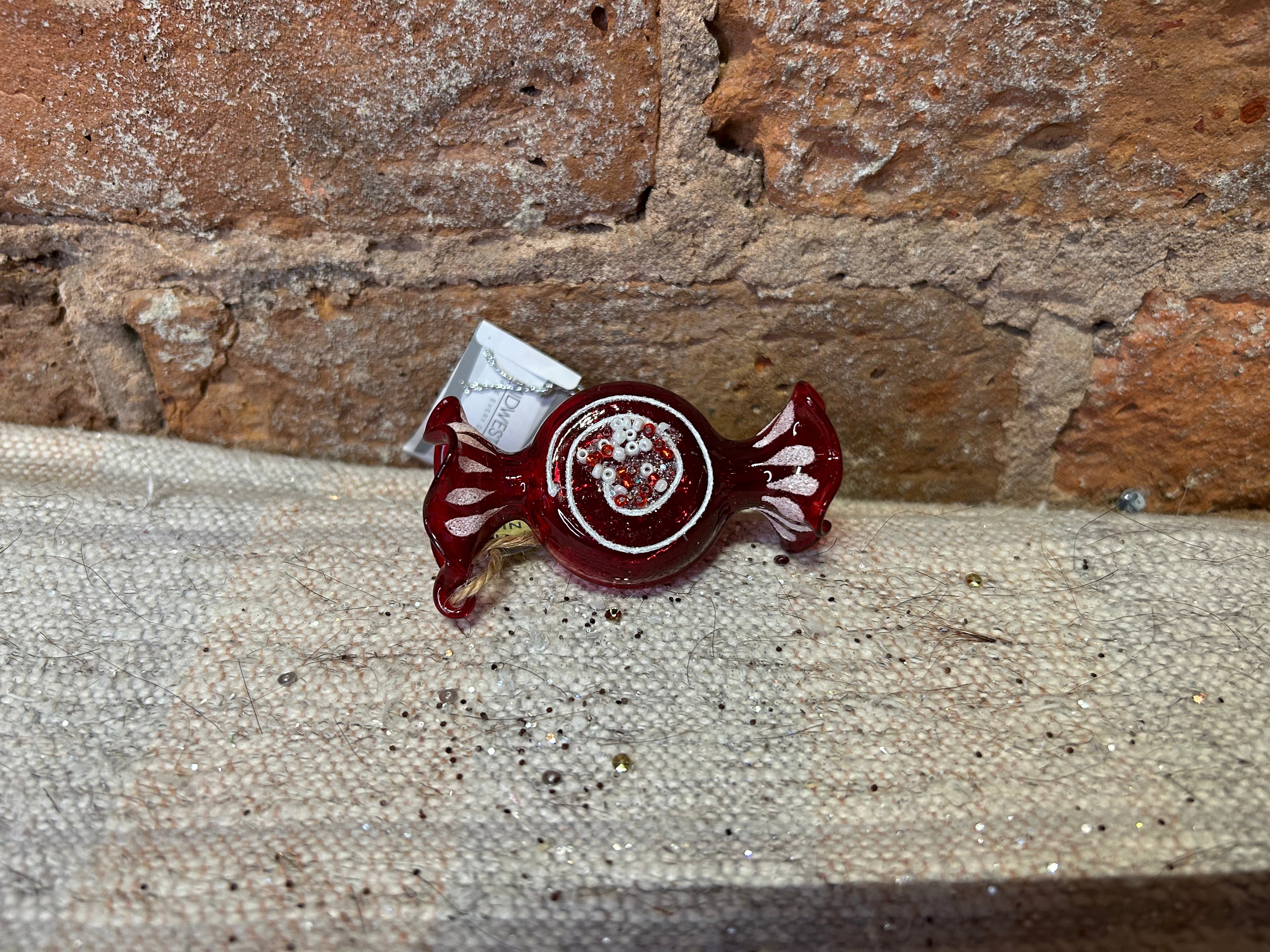 Red & white Christmas Candy Glass Orn 3.5”