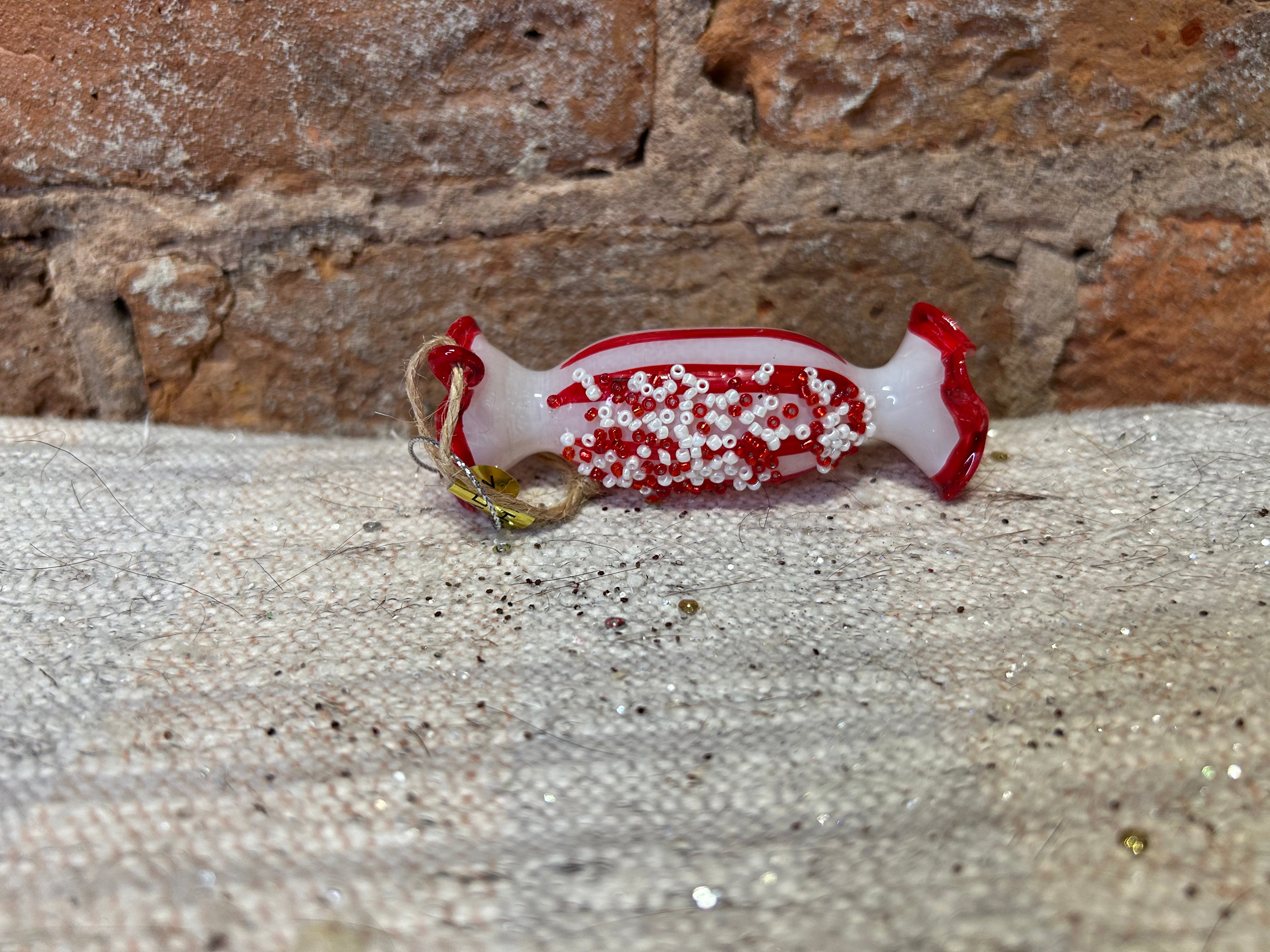 Red & white Christmas Candy Glass Orn 3.5”