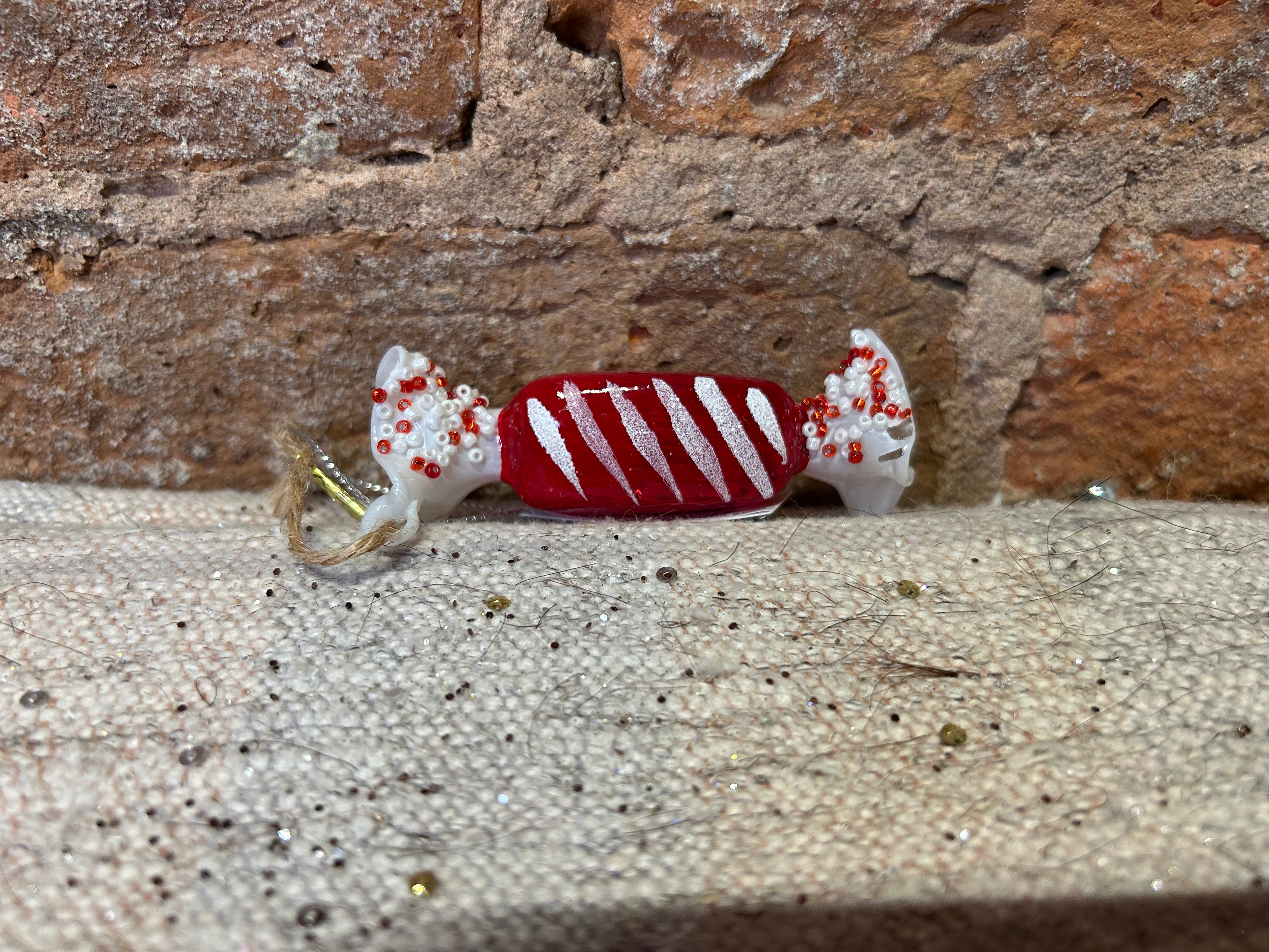 Red & white Christmas Candy Glass Orn 3.5”