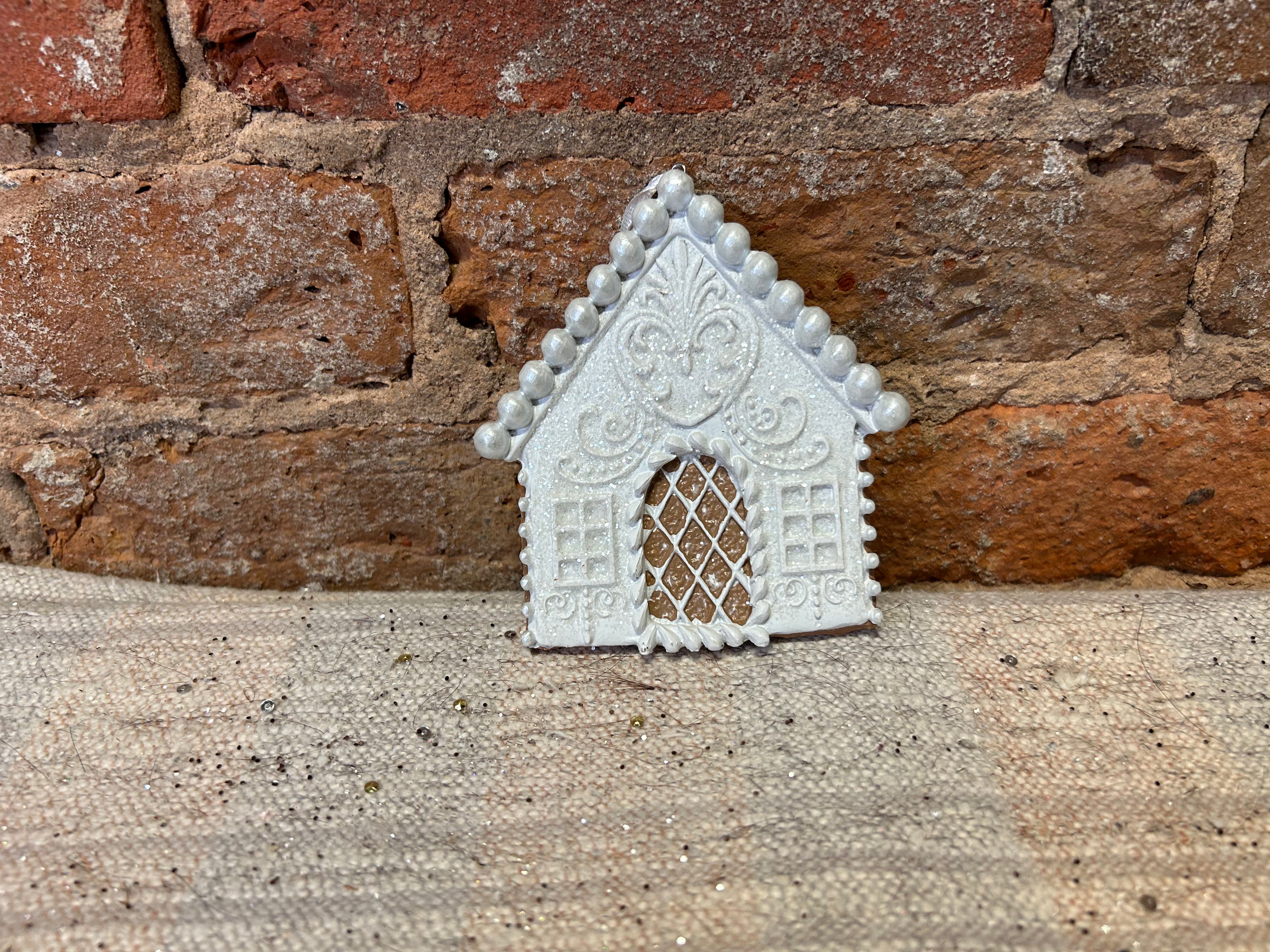 White Frosted Gingerbread House w/ Pearls Orn 5.25”