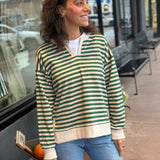 Notch Neck Long Sleeve Stripe Top