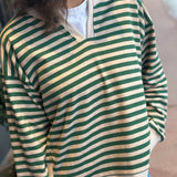 Notch Neck Long Sleeve Stripe Top