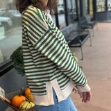 Notch Neck Long Sleeve Stripe Top
