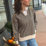 Notch Neck Long Sleeve Stripe Top