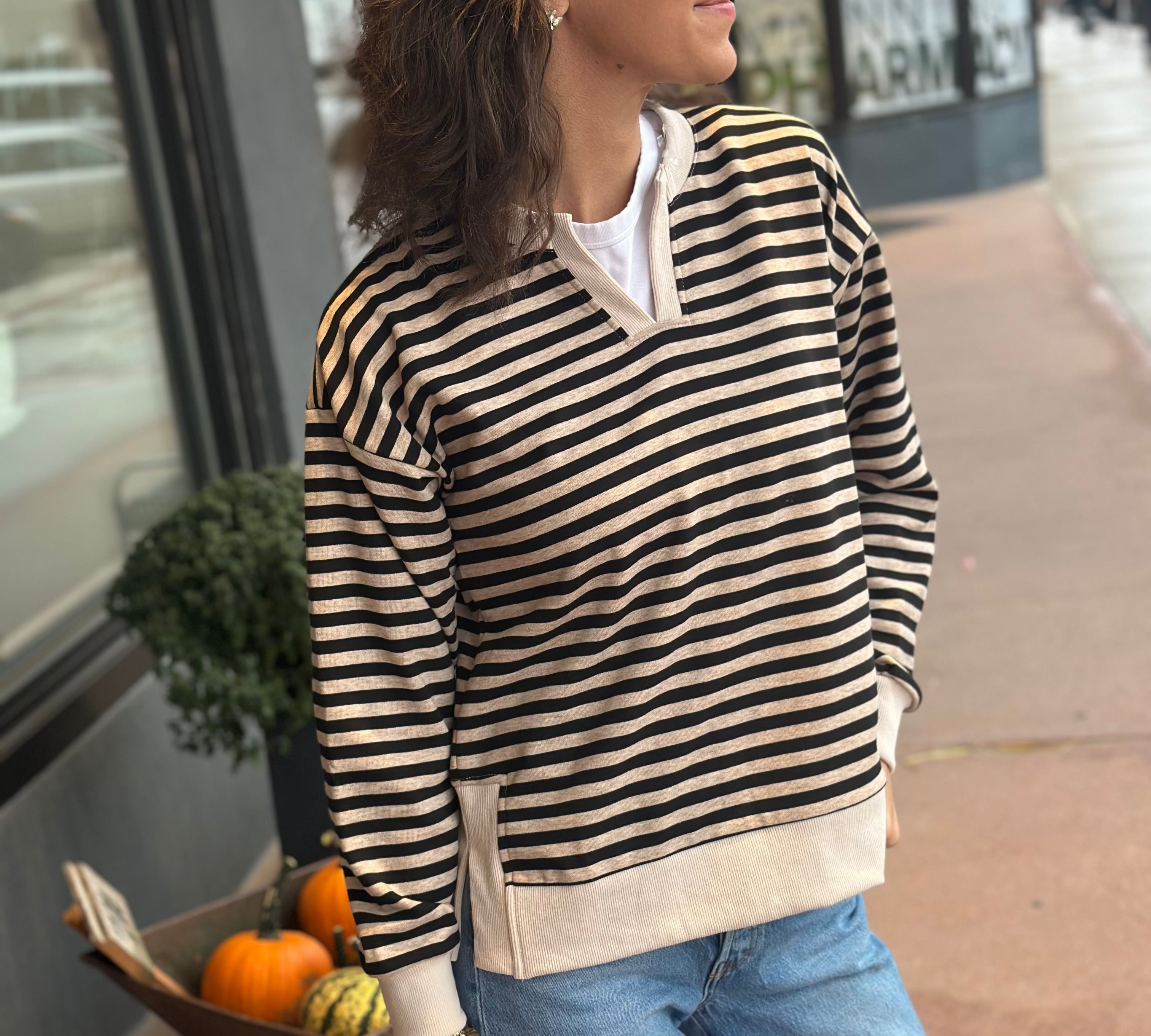 Notch Neck Long Sleeve Stripe Top