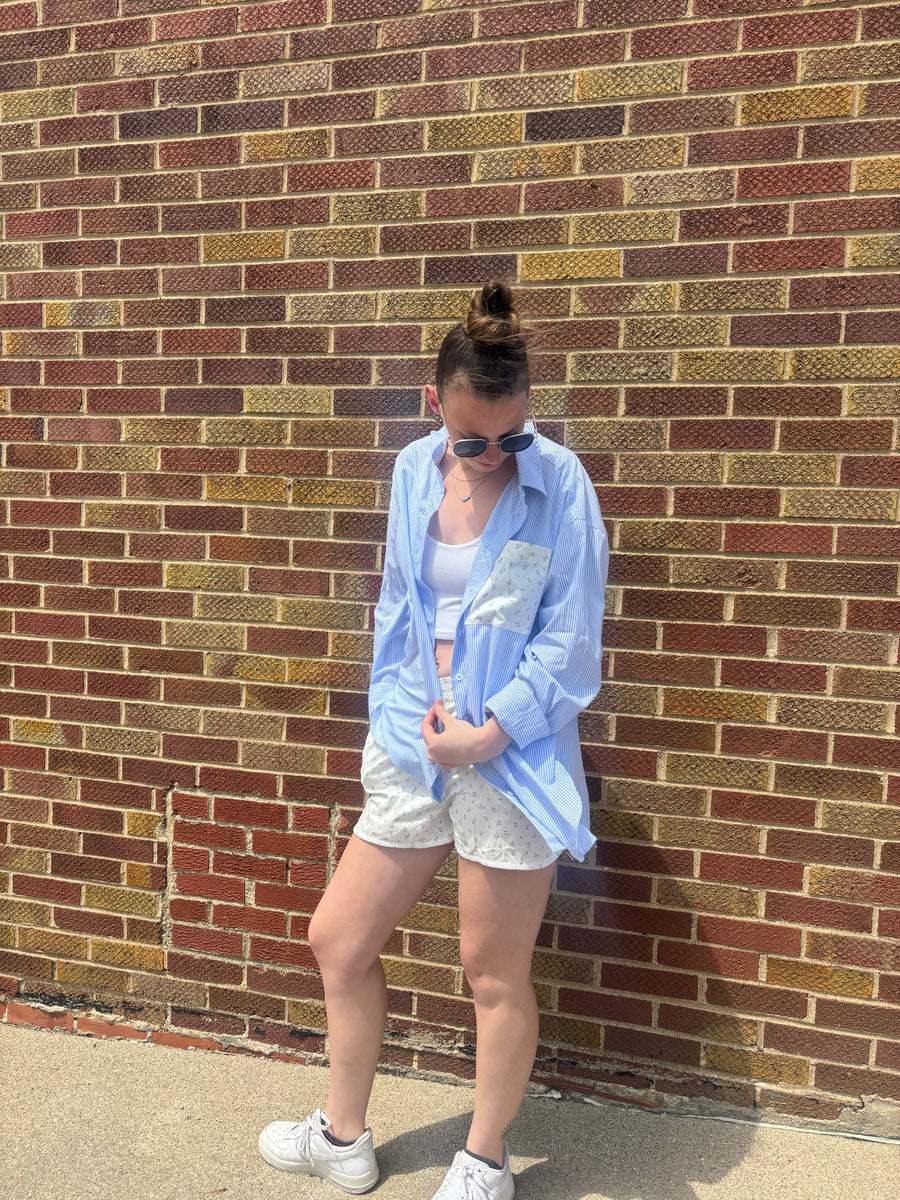 Blue Ditsy Pocket Stripe Button Down