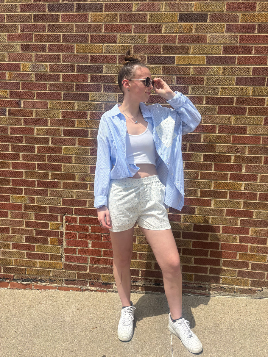 Blue Ditsy Pocket Stripe Button Down