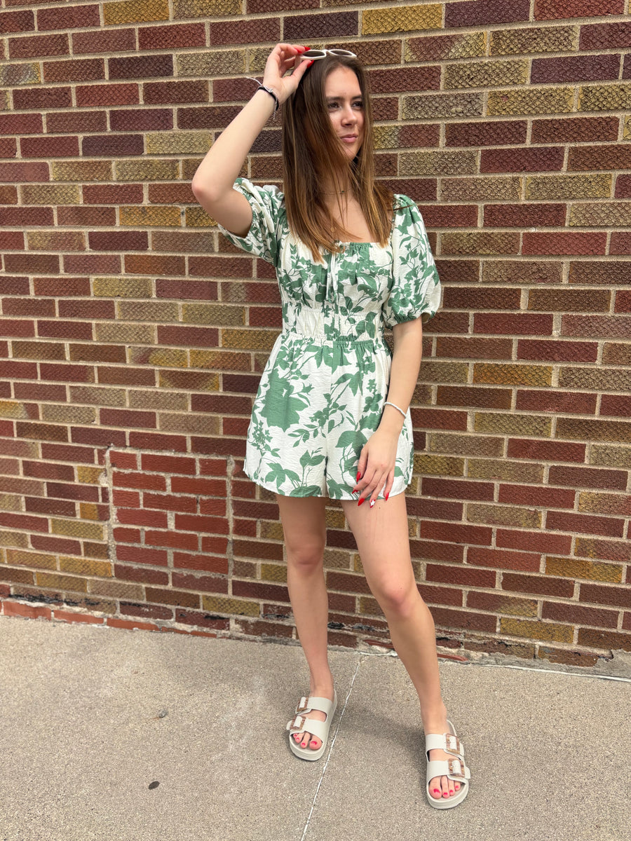 Smocked Puff Sleeve Green Floral Romper
