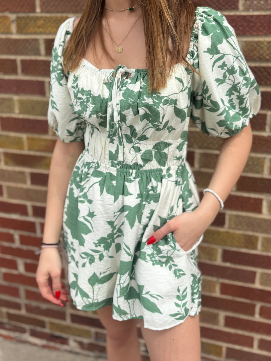 Smocked Puff Sleeve Green Floral Romper