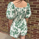 Smocked Puff Sleeve Green Floral Romper