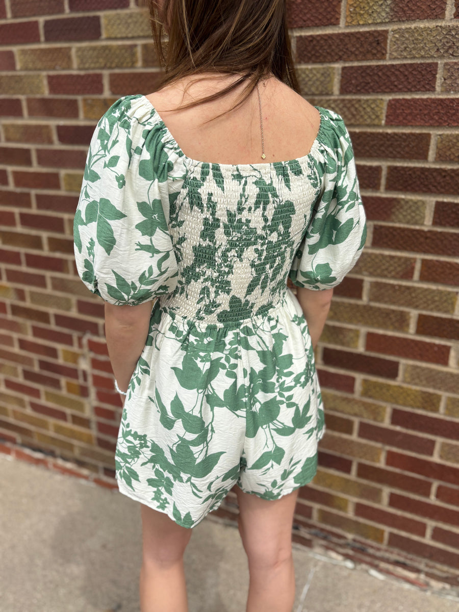 Smocked Puff Sleeve Green Floral Romper