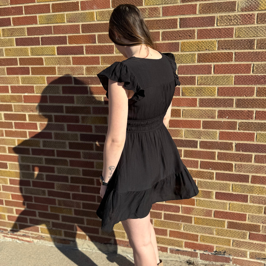 Black Short Sleeve Vneck Ruffle Mini Dress