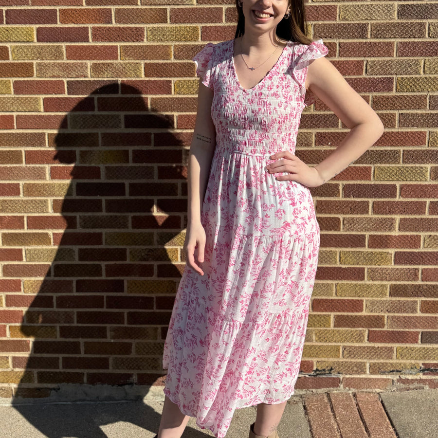 Floral Vneck Smocked Midi Dress