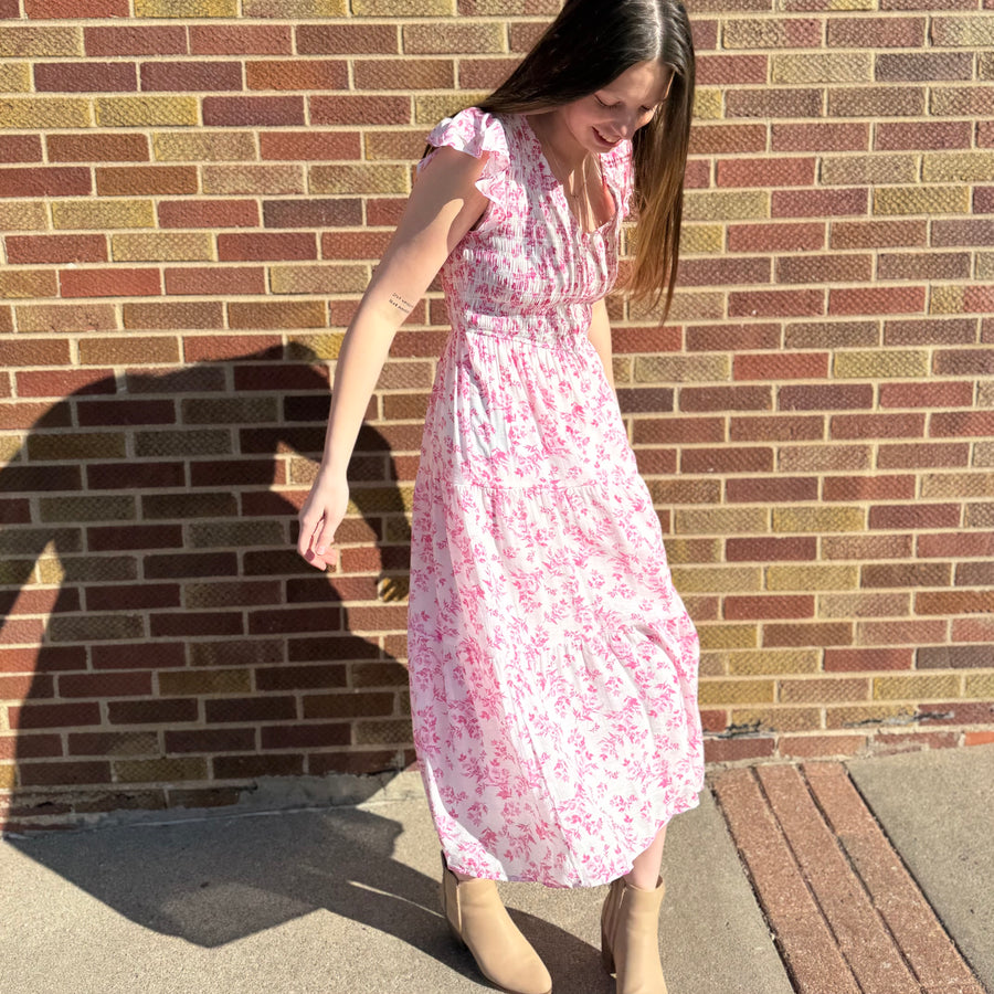 Floral Vneck Smocked Midi Dress