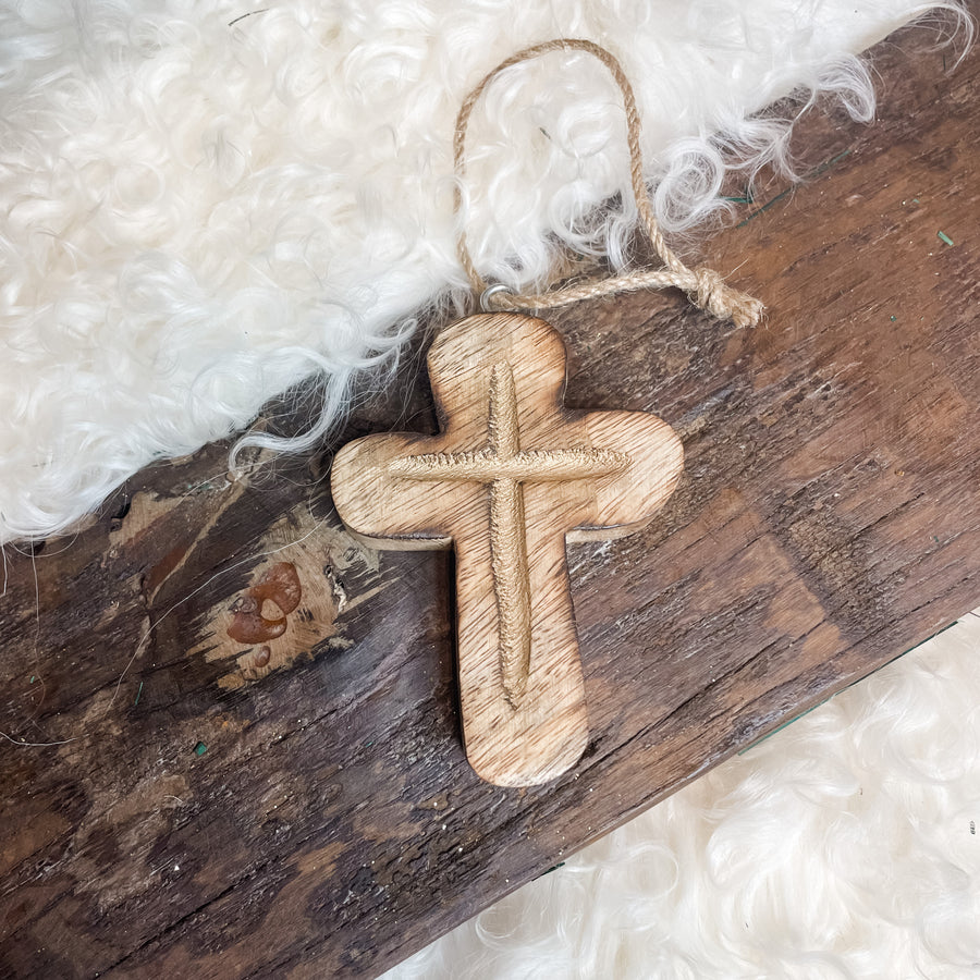 Carved Wood Cross Orn
