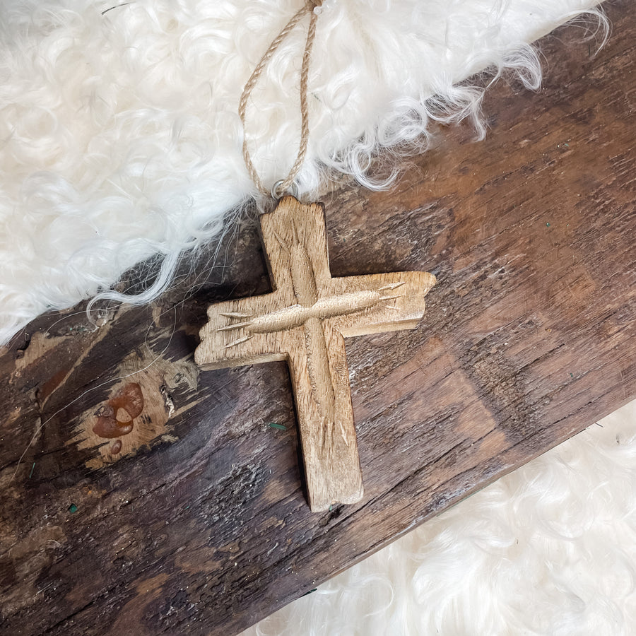 Carved Wood Cross Orn