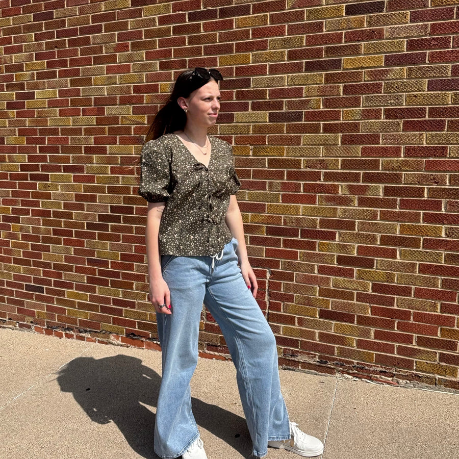 Tie Front Olive Floral Top