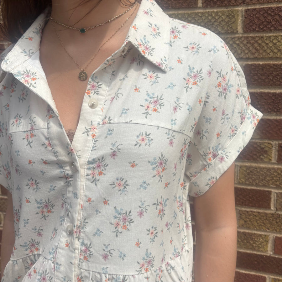 Cream Floral Micro Cord Dress