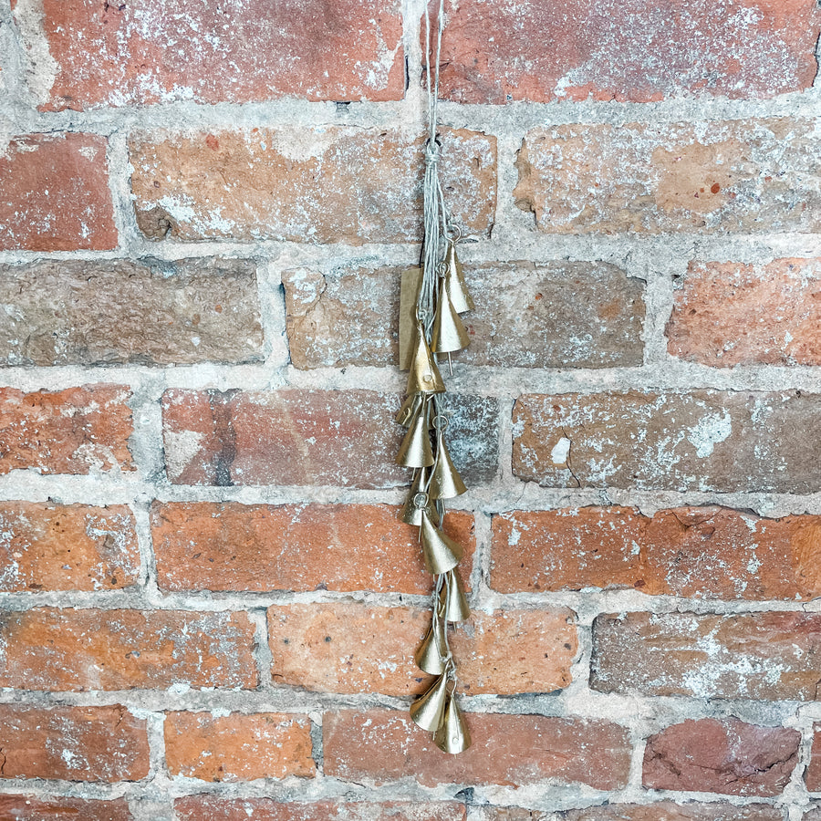Brass Metal Hanging Bell Cluster w/ Jute Rope 12.5”
