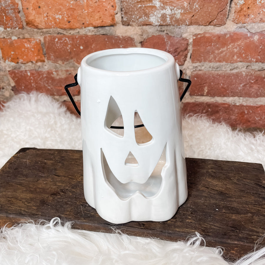 Ceramic Ghost Lantern w/ Metal Handle 5x6.5”