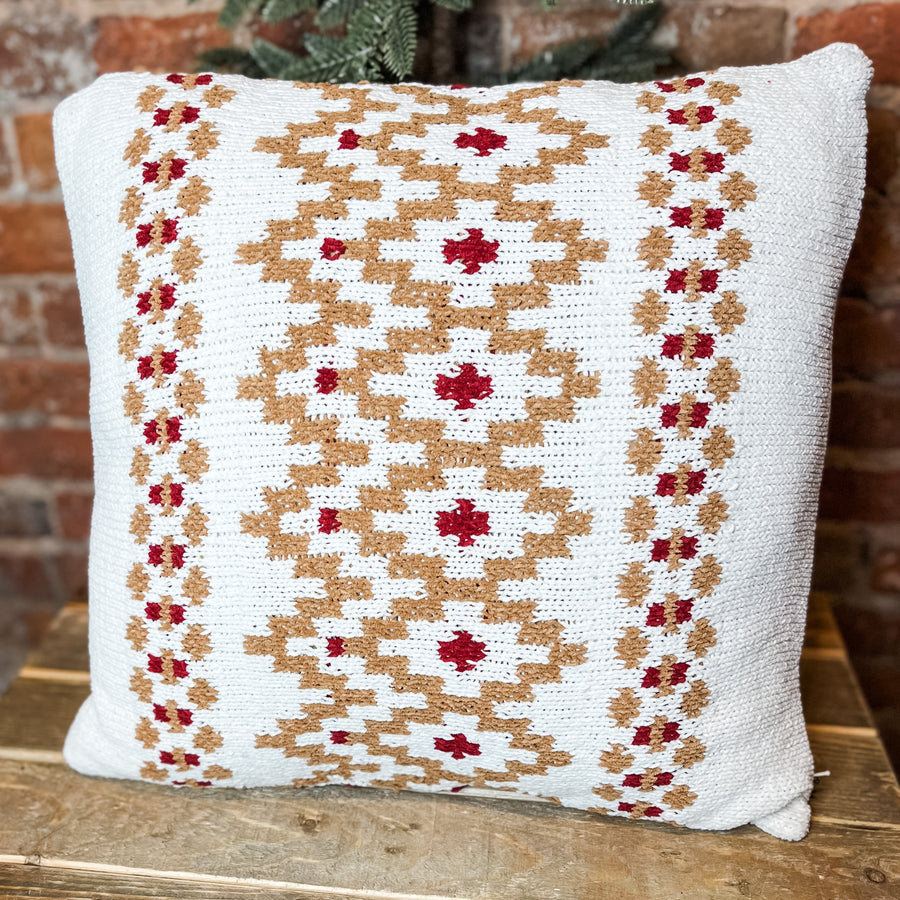 Natural/Red Chenille Pillow w/Pattern 18”