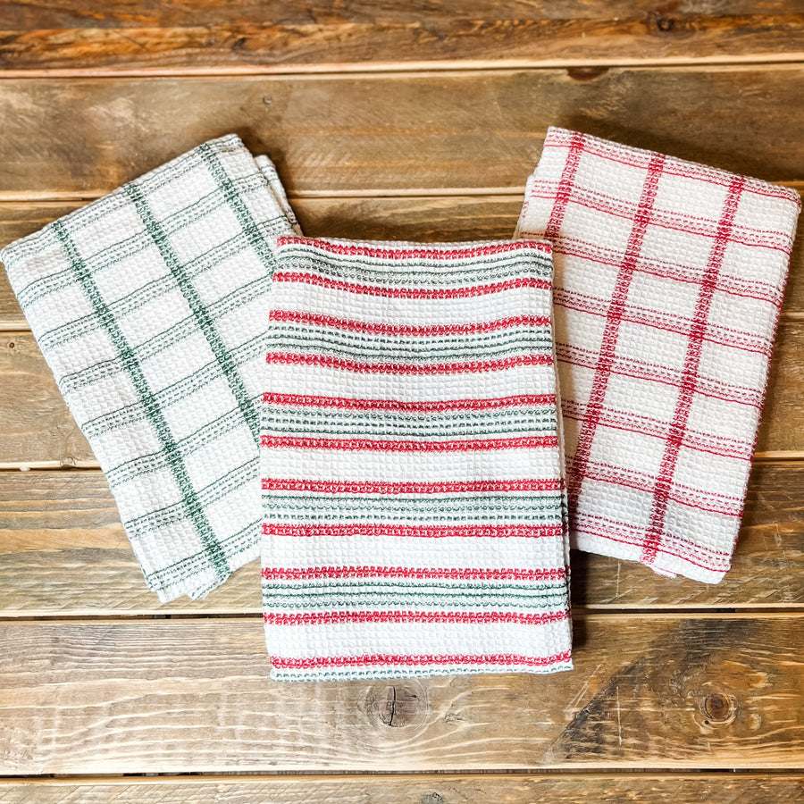 Cotton Waffle Tea Towel w/ Stripes & Grid
