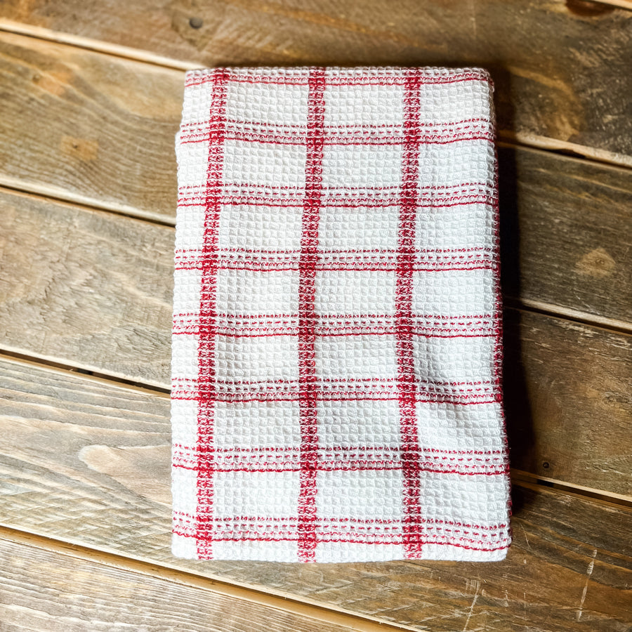 Cotton Waffle Tea Towel w/ Stripes & Grid