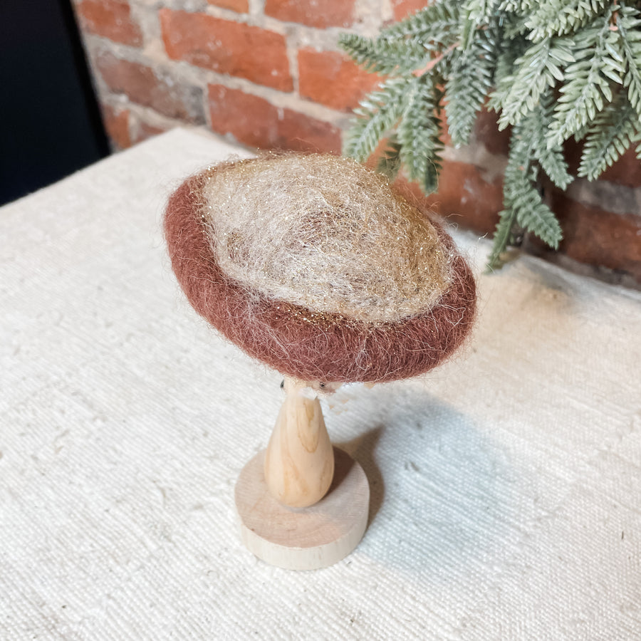Wool Top Wood Mushroom w/ Glitter 4.25x7”
