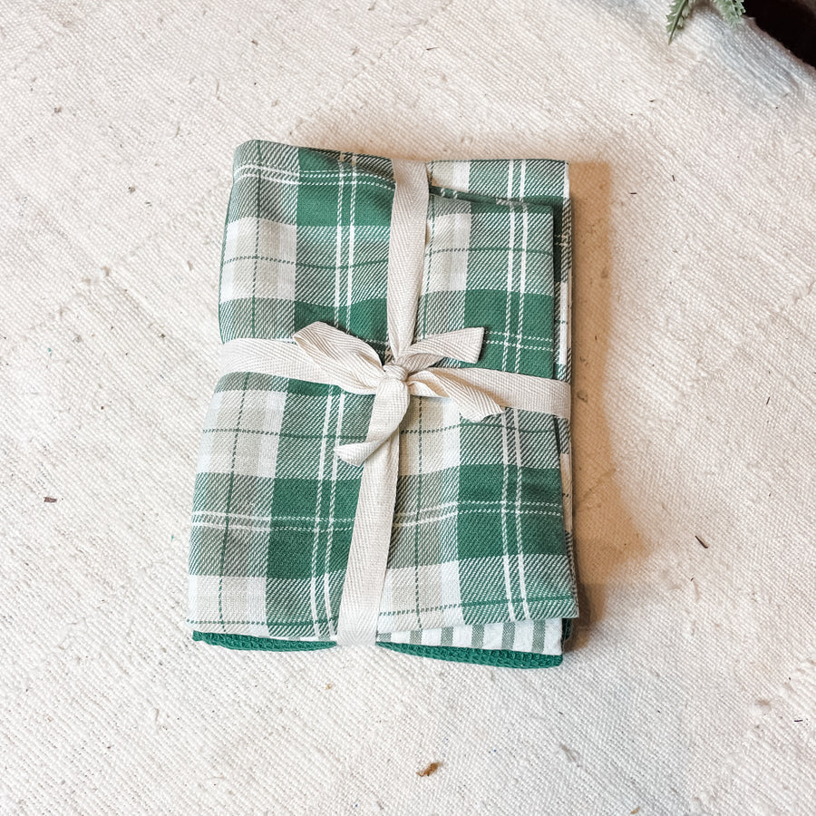 Green/White Woven Waffle Cotton Tea Towels set of 3
