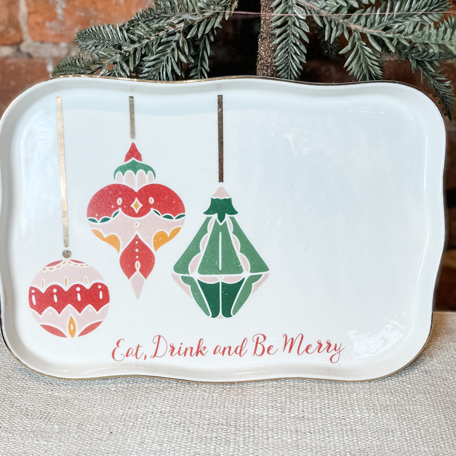 Stoneware Tray w/ Ornaments & Eat, Drink & Be Merry 13x8.5”