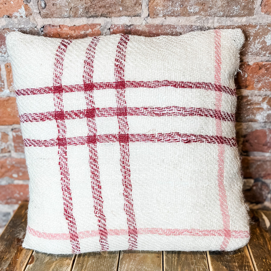 Red/Pink/Natural Plaid Woven Jute Pillow 18”