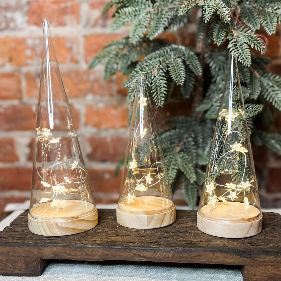 Clear Glass Cone Tree Filled w/ LED Star Garland