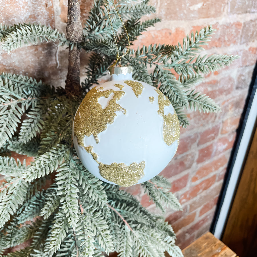 White/Gold Round Painted Glass Globe Orn 4”