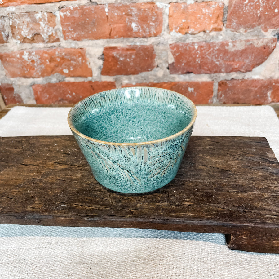 Embossed Stoneware Bowl w/ Pine & Reactive Glaze