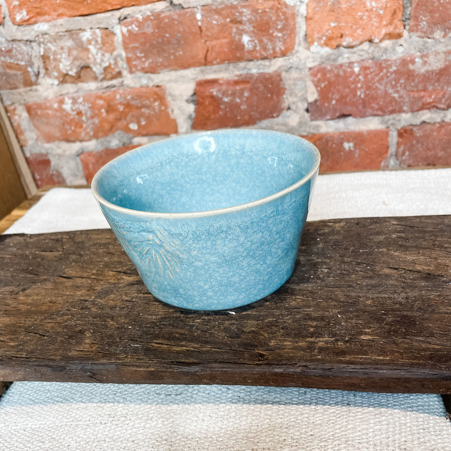 Embossed Stoneware Bowl w/ Pine & Reactive Glaze
