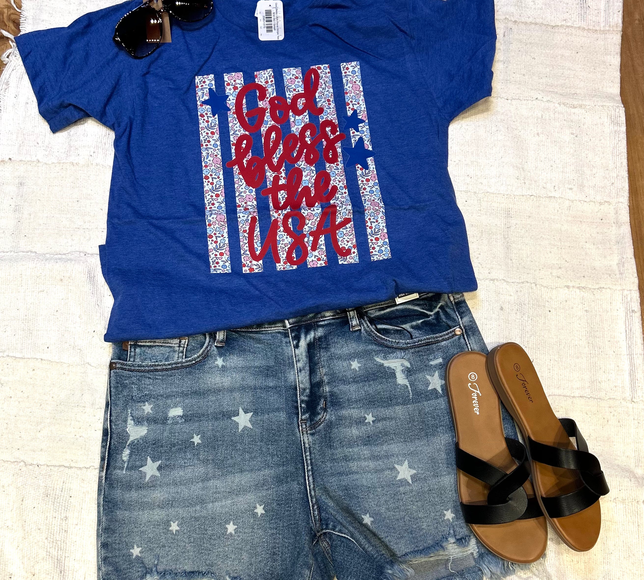 God Bless USA Floral Stripe Tee