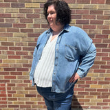 Plus Stripe Floral Ruffle Sleeve Top