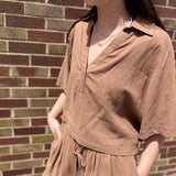 Textured Drape Sleeve Collared Top